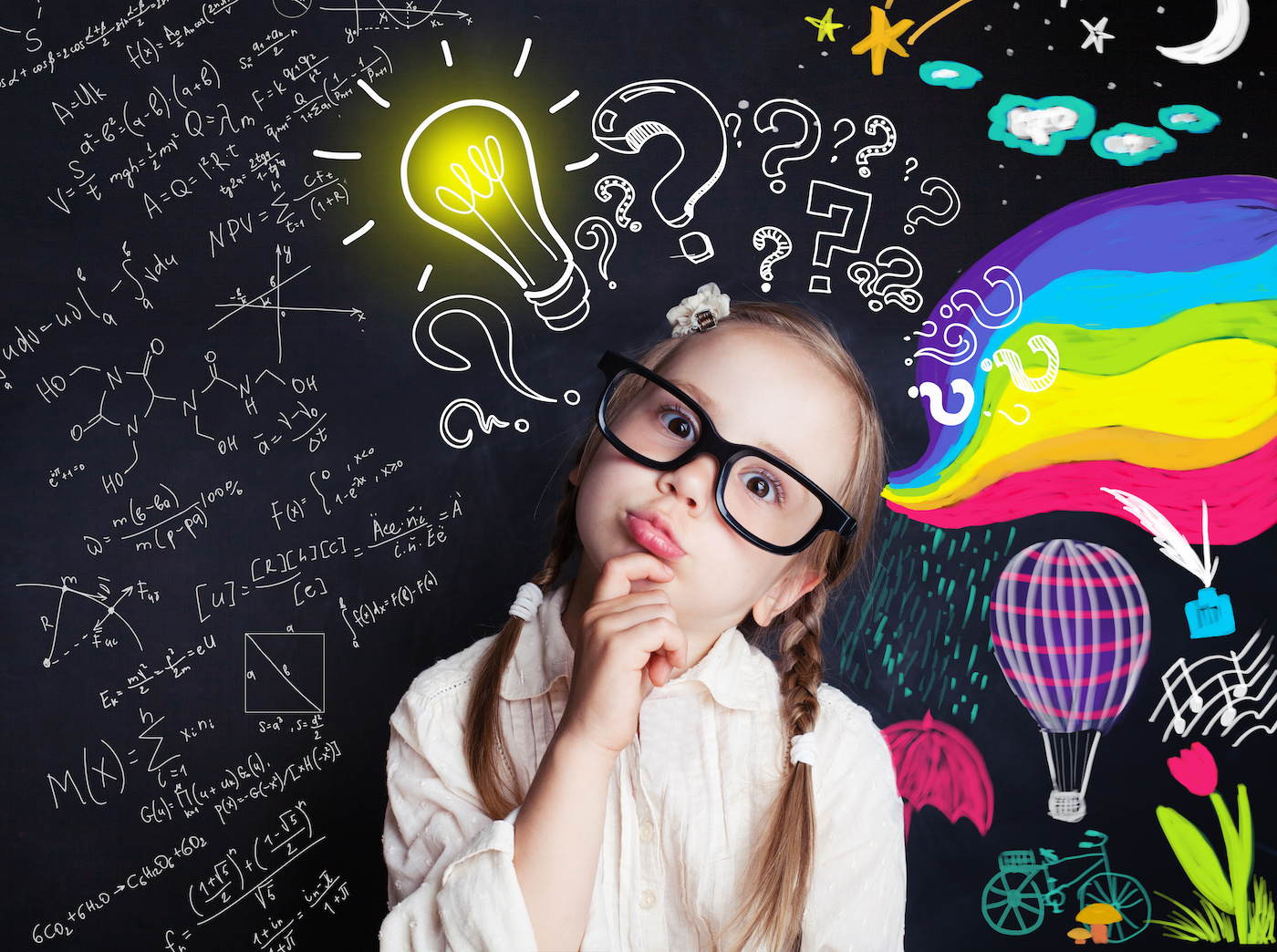 child thinking Child with thinking with brightly colored question mark graphics scattered across a black background