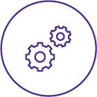developmental training Purple Icon with two purple gears inside a circular border, with one gear larger than the other.