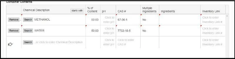 Container Contents page shows list of chemicals