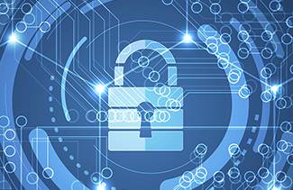 Graphic of a padlock with digital rings around it