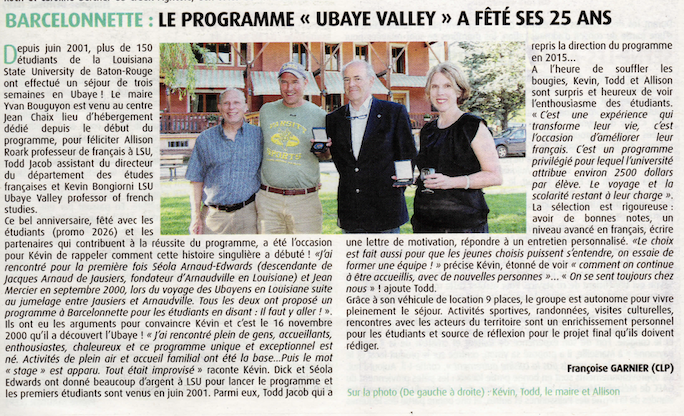 LSU Ubaye Valley Program 25th anniversary newspaper article
