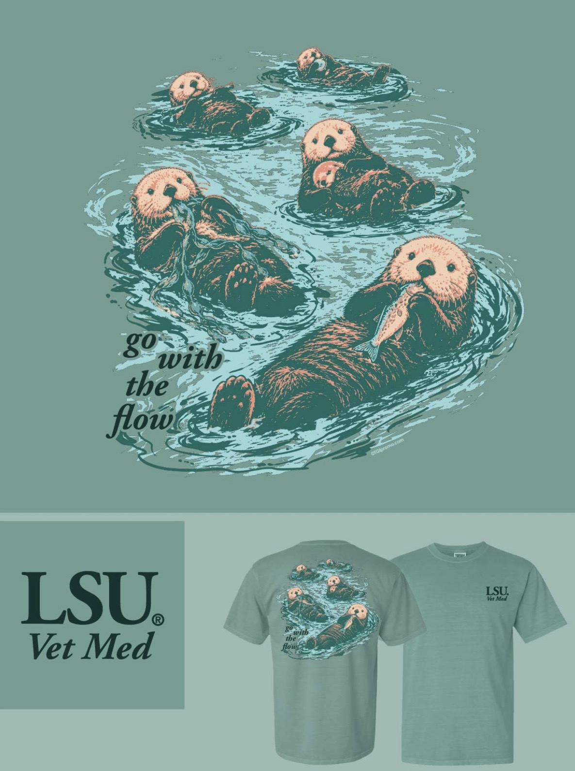 T-shirt showing otters floating their backs